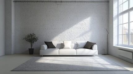 Apartment featuring white brick wall, couch, and stylish carpet