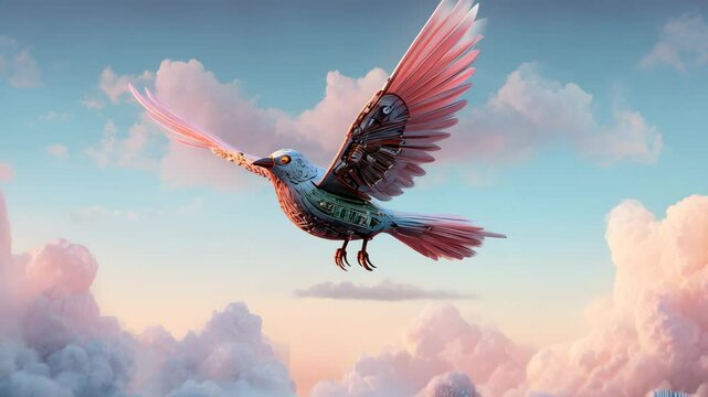 pastel tech birdscape,Mechanical bird flying in pastel sky, mechanical bird built from circuits, mechanical bird in dreamy atmosphere,cyber avian skyform, mechanical surreal flight,futuristic flight