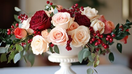 Arrangement of roses and pomegranate in a wedding centerpiece on a white stand