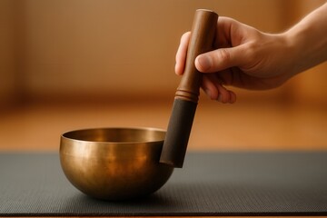 Hand striking a singing bowl with mallet on yoga mat in serene setting