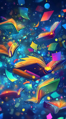 Colorful flying books in a dreamy background filled with vibrant lights and swirling patterns