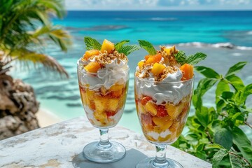 Tropical fruit parfait with whipped cream and granola.