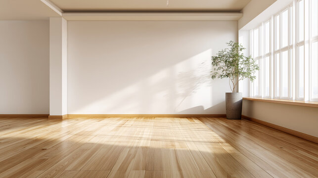 A sunlit room with white walls and polished wooden flooring. Natural light streams through a large window, casting soft shadows across the floor. A single potted plant with lush green foliage sits.