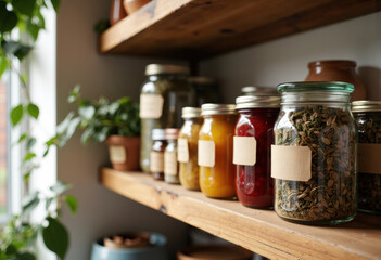A collection of jars filled with herbs and preserves on wooden shelves