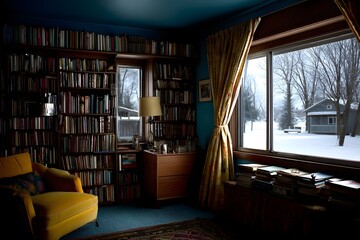 Naklejka premium Cozy reading nook, warm room with a window view, bookshelves filled with books, inviting yellow armchairs, perfect for relaxation.