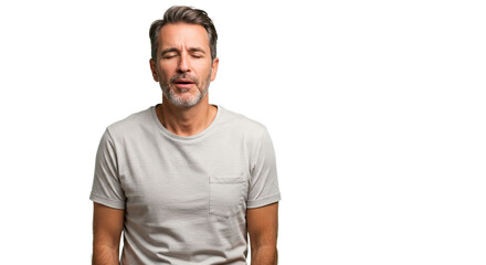 Obraz premium Man with eyes closed in a t shirt on white backdrop