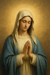 Painting of religious Virgin Mary in blue and white with halo and praying hands