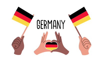 Vector illustration of German flags held by diverse hands forming a heart shape filled with the Germany flag. Perfect for German Unity Day, patriotic events, travel themes, and national celebrations. 