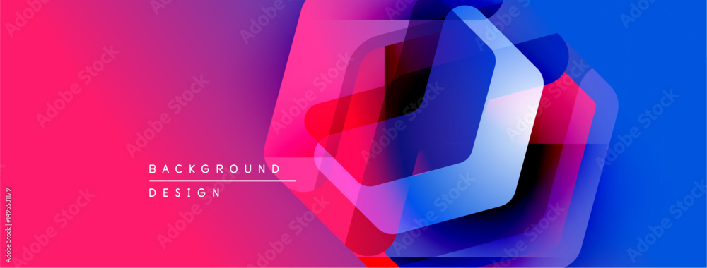 Poster Abstract geometric shapes overlap, creating vibrant pinkblue gradient. Modern design elements suggest dynamic visual experience.