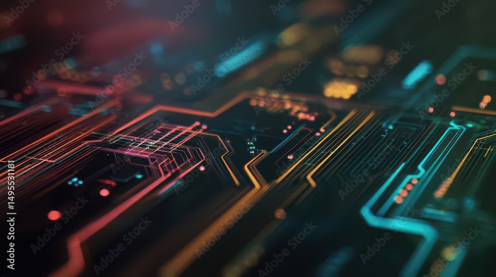 Poster abstract digital circuit board background with glowing lines and colorful patterns representing tech