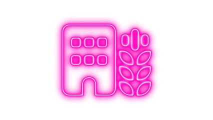 Neon icon of a building and a plant, symbolizing urban agriculture, Neon building wheat icon glow with transparent background