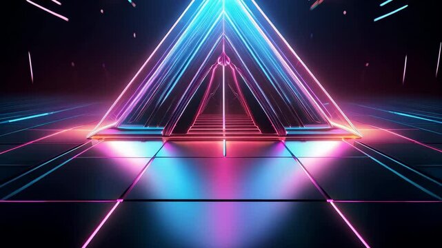 Futuristic Triangle Structure with Neon Lights in Dark Environment