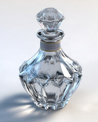 Crystal glass perfume bottle with elegant stopper reflecting light beautifully, showcasing luxury and delicate craftsmanship in clear design