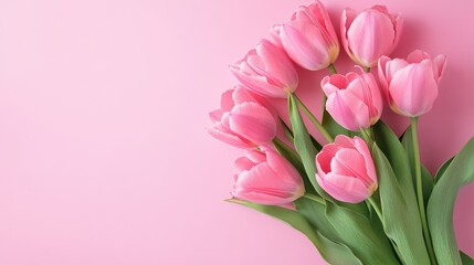 Obraz premium Celebration concept with pink tulip bouquet on pastel backdrop for cards.