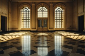 A grand entrance with towering double doors, marble flooring, and dramatic lighting for a luxurious welcome