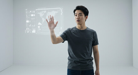 Man interacting with holographic display in room