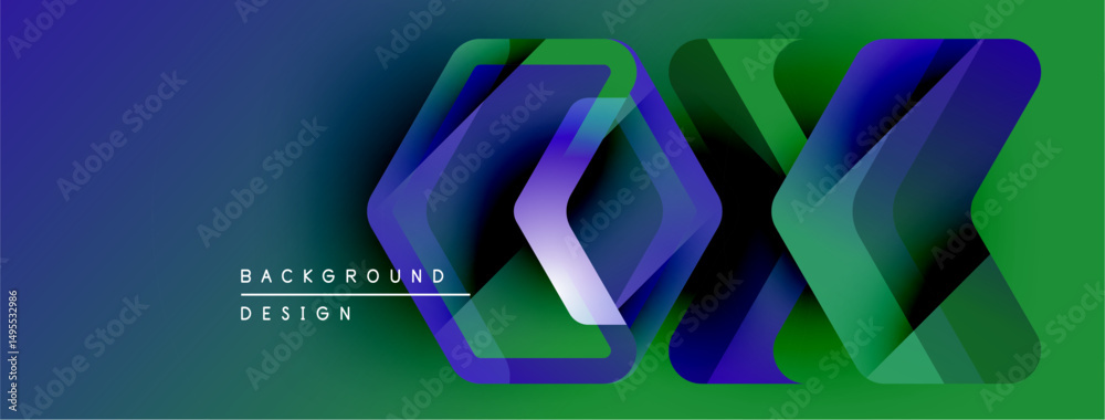 Poster Abstract geometric design. Vibrant gradients blend blues, greens, purples. Overlapping shapes create depth, modern aesthetic. Text reads background design.