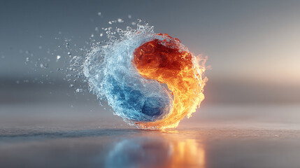 Yin yang symbol with dynamic red fire and flowing blue water elements in motion, set against a clean, blurred background. A striking visual of balance, duality, and harmony in dark modern tones.

