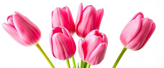 Fototapeta premium Five delicate pink tulips, tightly clustered, showcasing vibrant petals and stems against a pure white backdrop, beautiful, image