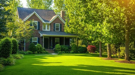 welcoming suburban home in Leesburg, Virginia, with a manicured green lawn, shaded by tall trees, on a sunny, bright summer day.