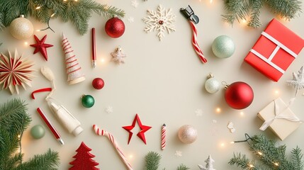 Christmas themed decorations made from stationery items and ornaments on a light backdrop