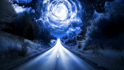 Dramatic Night Road with Trees Under a Starry Sky with Bright Swirls in Blue Tones a Sense of Travel and Adventure - Powered by Adobe