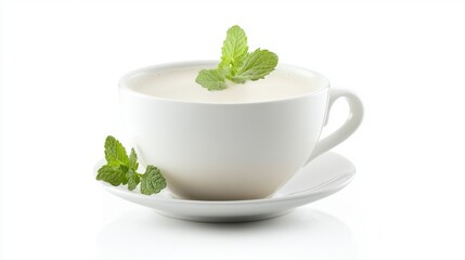 Close-up of white cup with hot Chicory drink and mint, isolated on white background.