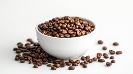 Fototapeta premium Coffee beans in white bowl, spilling out on white background.