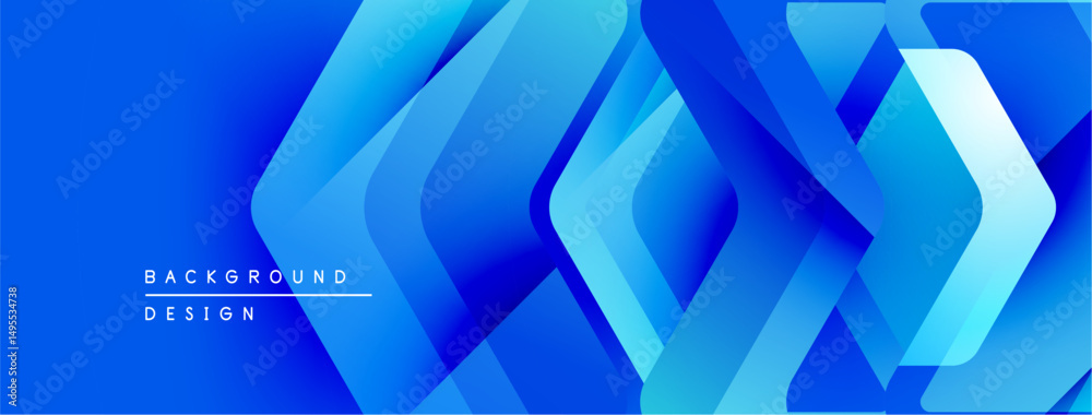 Poster Abstract blue geometric shapes create dynamic background. Layers overlap, forming modern design with gradient effects. Bright, vibrant composition.