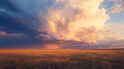 Fototapeta premium Tall wind turbines stand in a golden field at sunset, with rotating blades generating clean renewable energy under a dramatic cloudy sky. Panoramic view of sustainable electricity production