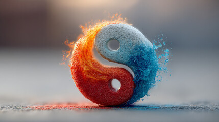 Yin yang symbol with dynamic red fire and flowing blue water elements in motion, set against a clean, blurred background. A striking visual of balance, duality, and harmony in dark modern tones.

