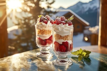 Fresh berry dessert in elegant glass dishes.