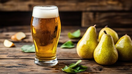 Cold, boozy pear cider or fruit beer in a pint glass on wooden table with copy space