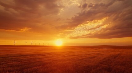 Fototapeta premium Tall wind turbines stand in a golden field at sunset, with rotating blades generating clean renewable energy under a dramatic cloudy sky. Panoramic view of sustainable electricity production
