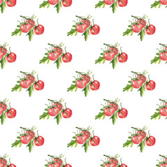 Watercolor red cherry tomatoes on a branch. The gardener's ripe harvest. Seamless pattern for your summer kitchen or porch design, perfect for tablecloths, pillows and towels. White background