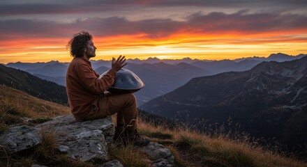 Man Playing Handpan on Mountain Top at Sunset with Skyline View