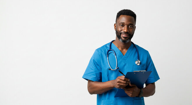 A doctor in blue scrubs holding a clipboard smiling