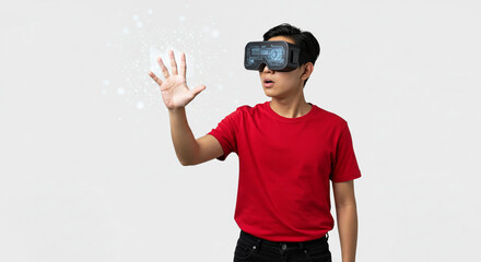 Man wearing vr headset reaching out with his hand