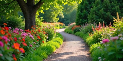 Fototapeta premium A winding garden path, bordered by lush greenery and vibrant flowers, leads to a tranquil destination Perfect for landscaping, gardening, and travel websites , garden design, outdoor