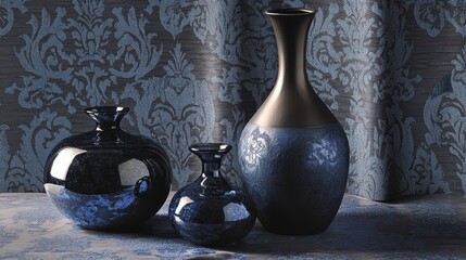 Three dark blue decorative vases on a patterned fabric background.