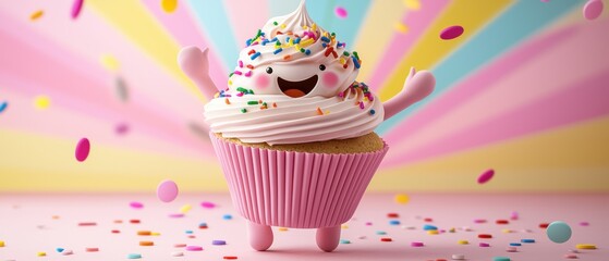 Joyful cupcake character running in pastel striped background with sprinkles
