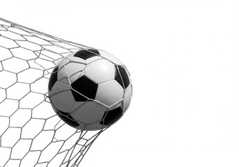 A soccer ball caught in a net against a white background in monochrome style