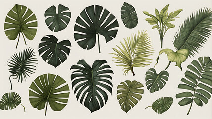 Assorted Tropical Leaves Illustration Of Monstera And Palm Plants Collection