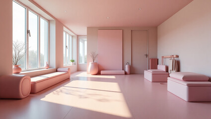 Wide-angle interior of a minimalist women’s gym, pastel-colored fitness gear neatly arranged