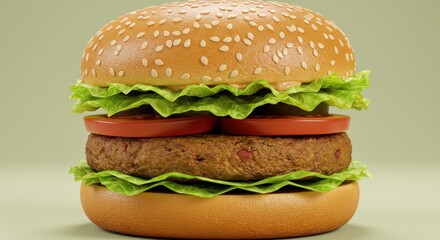 Burger Close-up with Lettuce and Tomato on Bun