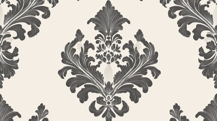 Elegant, symmetrical damask pattern in dark gray and cream.