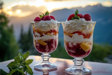 Two layered desserts with raspberries, whipped cream, and fruit.