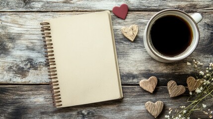 Empty sketchpad, coffee mug, and heart shapes on wooden surface