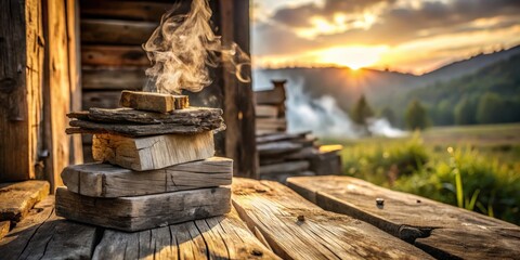 Obraz premium Rustic wooden blocks stacked outdoors at sunset, emitting wisps of fragrant smoke, with a blurred background of a serene landscape