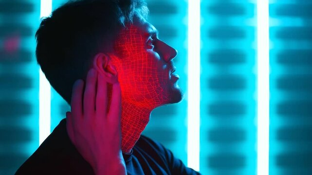 Dramatic scene of man alone in a dim room, his hands on throat, glowing heatmap over neck area. Visual metaphor for chronic laryngitis